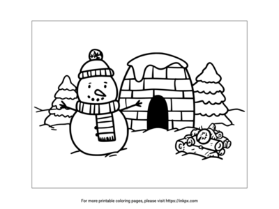 Printable Snowman in Front of Snow Fort Coloring Page