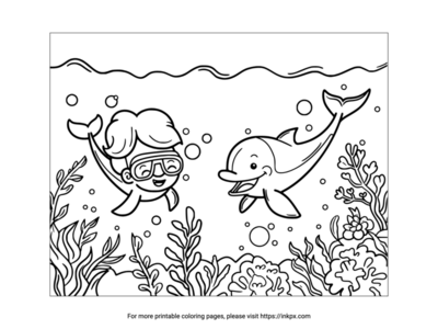 Printable Diving with Dolphin Coloring Page