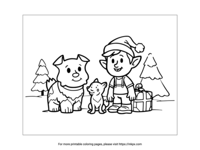 Printable Elf & Animals Coloring Page