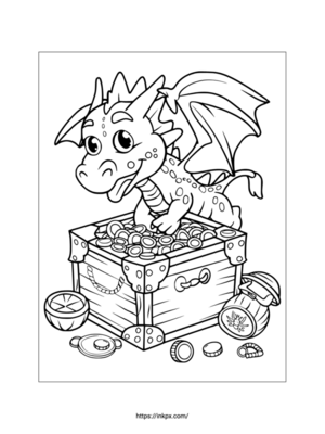 Printable Cute Dragon with Treasures Coloring Page