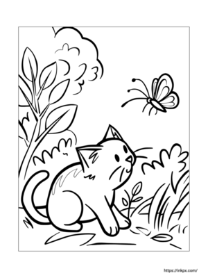 Printable Cute Cat & Butterfly Coloring Page