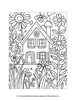 Printable Summer Flower & House Coloring Page