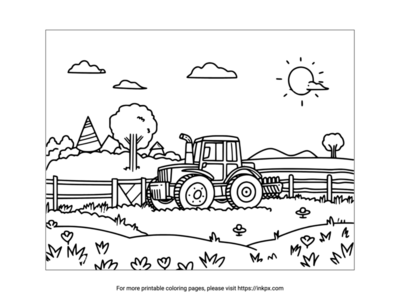 Free Printable Farm Scene & Tractor Coloring Page