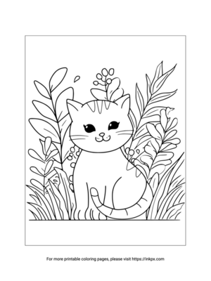 Printable Kitten in the Garden Coloring Page