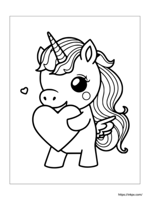 Printable Cute Unicorn & Heart Valentine's Day Theme Coloring Page