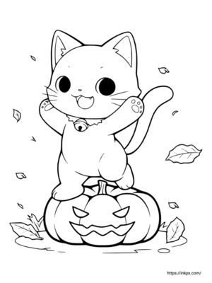 Free Printable Cute Cat and Jack-o'-lantern Coloring Page