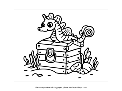 Printable Seahorse & Treasure Chest Coloring Sheet