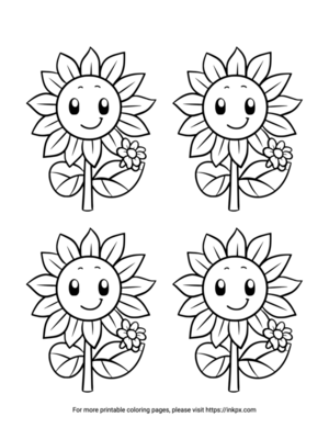 Free Printable Quadruple Cute Sunflowers Coloring Page