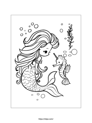 Printable Cute Mermaid & Seahorse Coloring Page