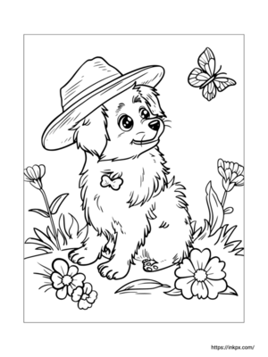 Printable Cute Dog & Butterfly Coloring Page