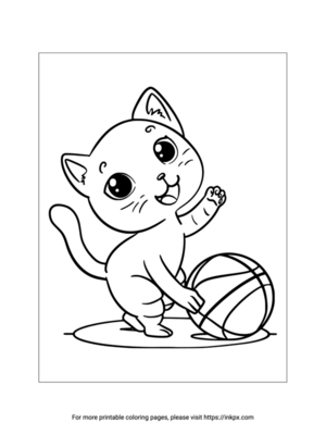 Printable Cute Cat Playing Basketball Coloring Page