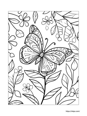 Printable Butterfly & Leaves Coloring Page