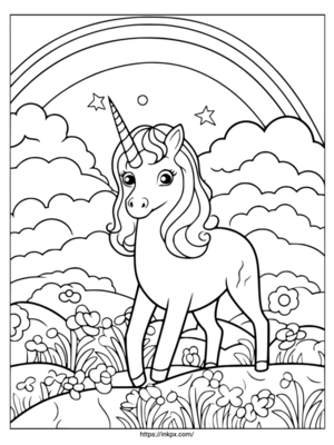 Free Printable Unicorn with Rainbow and Clouds Coloring Page
