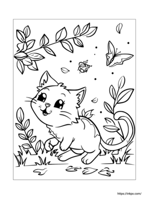 Printable Cute Cat & Butterfly & Flower Coloring Page