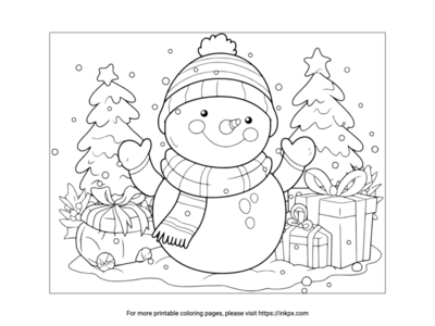 Printable Cute Snowman & Gifts & Christmas Trees Coloring Page