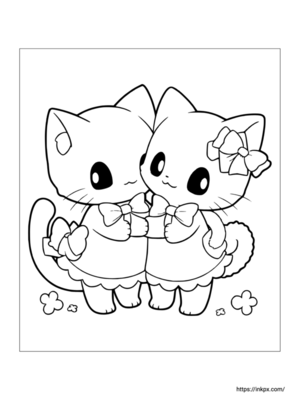 Printable Cute Two Cats Valentine's Day Theme Coloring Page