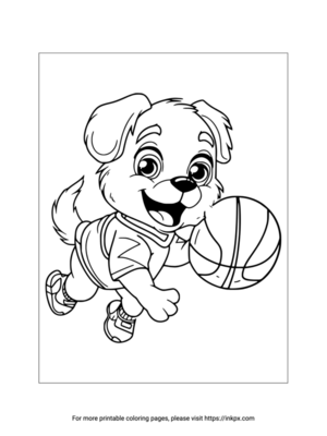 Printable Cute Dog Playing Basketball Coloring Page