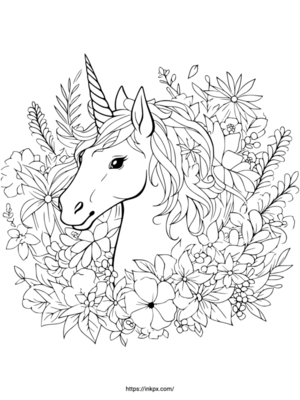 Free Printable Unicorn with Flower Wreath Coloring Page