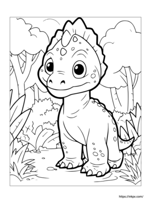 Printable Cute Dinosaur in Forest Coloring Page