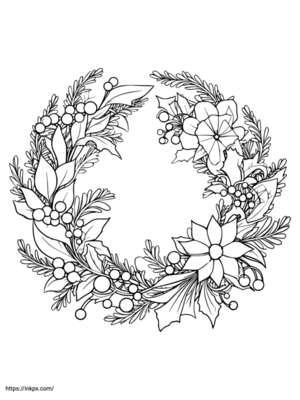 Free Printable Christmas Flower Wreath Coloring Page