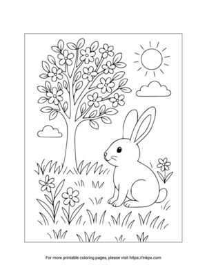 Free Printable Spring & Tree & Cute Rabbit Coloring Page