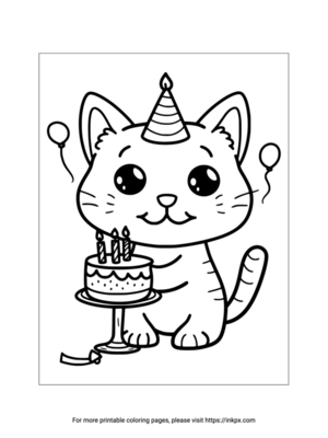 Printable Cat & Birthday Cake Coloring Page