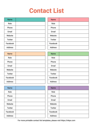 Free Printable Colorful Professional Contact List Template
