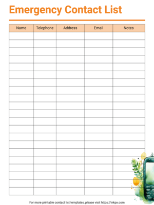 Free Printable Orange Gluttony Emergency Contact List Template