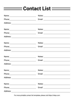 Free Printable Minimalist Black and White General Contact List Template