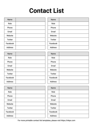 Free Printable Professional Black and White Contact List Template