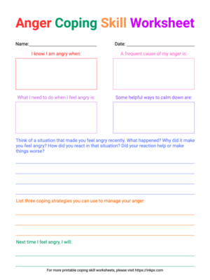Free Printable Colorful Anger Coping Skill Worksheet