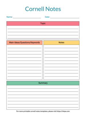 Printable Colorful Table Style Cornell Notes Template