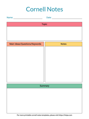 Printable Colorful Tab Style Cornell Notes Template