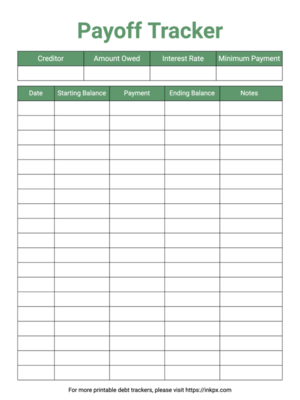 Free Printable Table Style Green Color Pay Off Debt Tracker Template