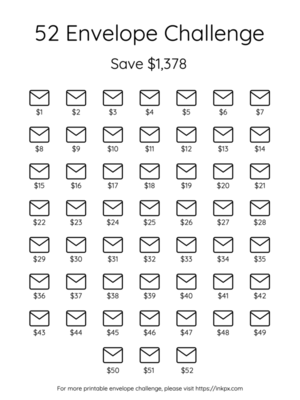 Free Printable Simple Save $1,378 in 52 Week Envelope Challenge