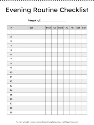 Free Editable Blank Table Style Evening Routine Checklist Template