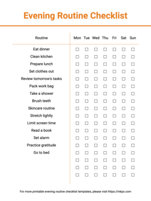 Free Printable Minimalist Colorful Weekly Evening Routine Checklist