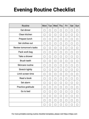 Free Printable and Editable Simple Weekly Editable Evening Routine Checklist