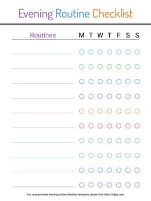 Free Printable Blank Colorful Weekly Evening Routine Checklist for Adults