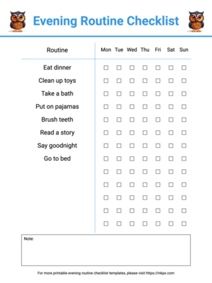 Free Printable Minimalist Colorful Weekly Evening Routine Checklist for Kids