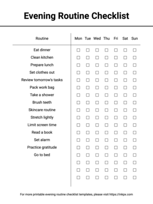Free Printable Minimalist Weekly Evening Routine Checklist