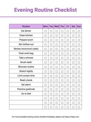 Free Printable Simple Colorful Weekly Editable Evening Routine Checklist