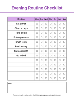 Free Printable Simple Colorful Weekly Evening Routine Checklist for Kids