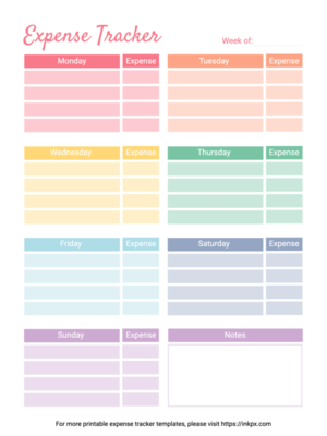 Free Printable Minimalist Rainbow Rectangle Style Weekly Expense Tracker