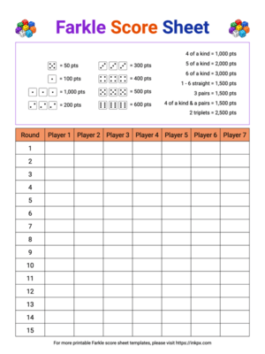 Free Printable Colorful Farkle Score Sheet(Score Guide)