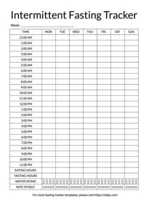 Printable Simple 12 Hour Clock Weekly Intermittent Fasting Tracker Template