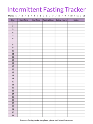 Printable Colored Monthly Fasting Tracker Template