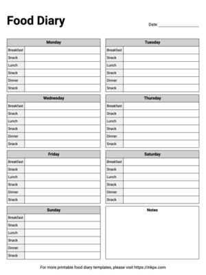Free Printable Simple Black and White Weekly Food Diary Template