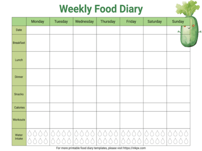 Free Printable Simple Table Style Green Color Weekly Food Diary Template