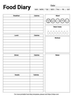 Free Printable Table Style Black and White Daily Food Diary Template